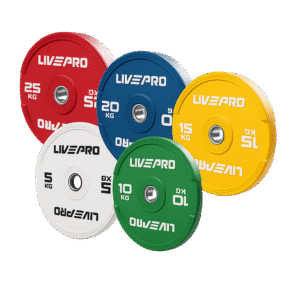 Disques bumper LIVEPRO en caoutchouc coloré – de 5 à 25 kg pour haltérophilie