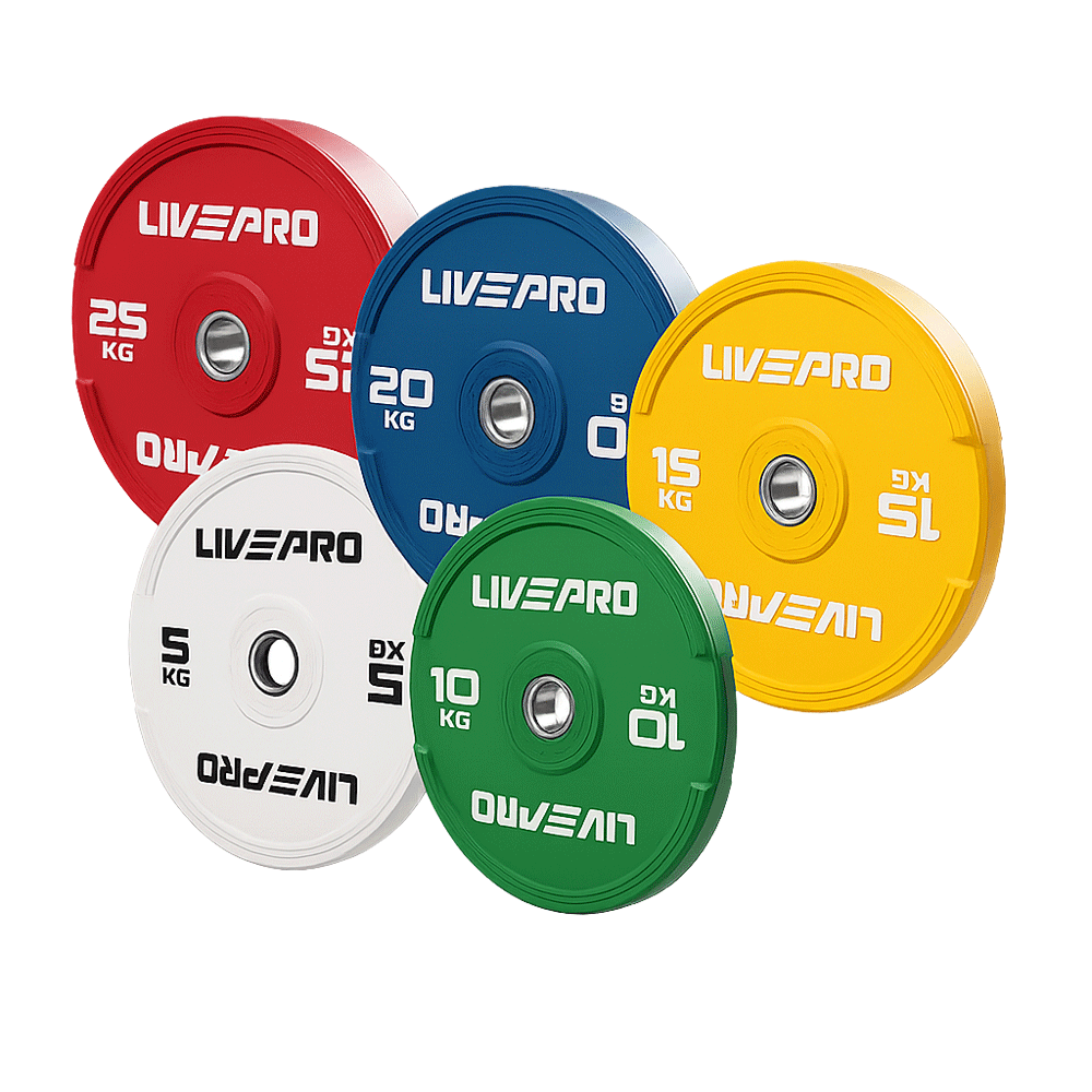 Disques bumper LIVEPRO en caoutchouc color&eacute; &ndash; de 5 &agrave; 25 kg pour halt&eacute;rophilie