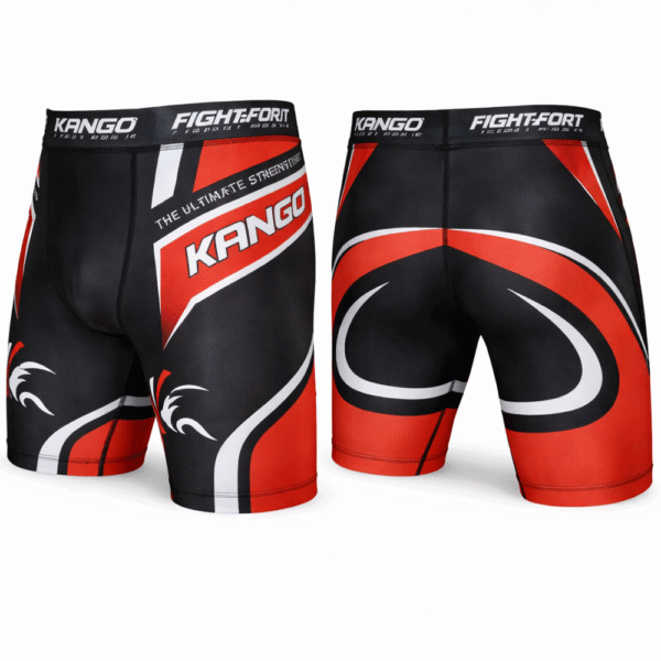 Short de compression KANGO RGK-621 noir et rouge – MMA, grappling, BJJ – coupe ajustée, matière technique lycra/polyester.