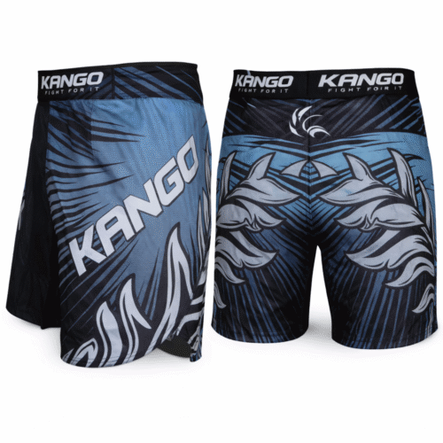 Short de combat KANGO RGK-612 noir et bleu pour MMA, grappling et arts martiaux – tissu Taslaan/Lycra sublimé, tailles S à L.