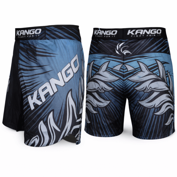 Short-612 Short de combat KANGO RGK-612 noir et bleu pour MMA, grappling et arts martiaux – tissu Taslaan/Lycra sublimé, tailles S à L.