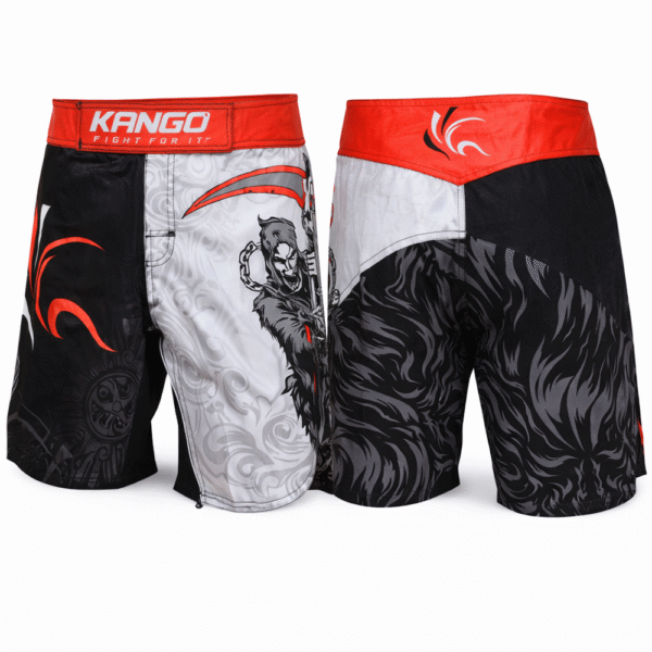 Short KANGO RGK-614 en Taslaan et Lycra, design Grim Reaper, couleurs rouge noir gris, tailles S M L.
