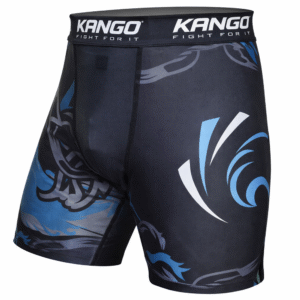 Short-623 Short de compression KANGO RGK-623 noir et bleu en polyester et lycra pour MMA, grappling, sport de combat.