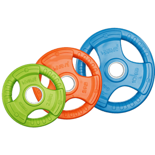 disque-coloré Disque coloré en caoutchouc LiveUp LS2123 – 10kg vert, 15kg orange, 20kg bleu