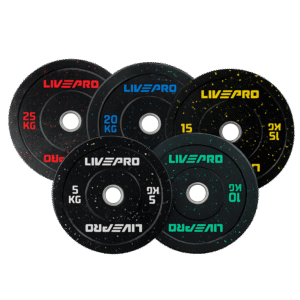 Disques bumper LP8026 LIVEPRO noirs haute élasticité – 5 à 25 kg – code couleur par poids