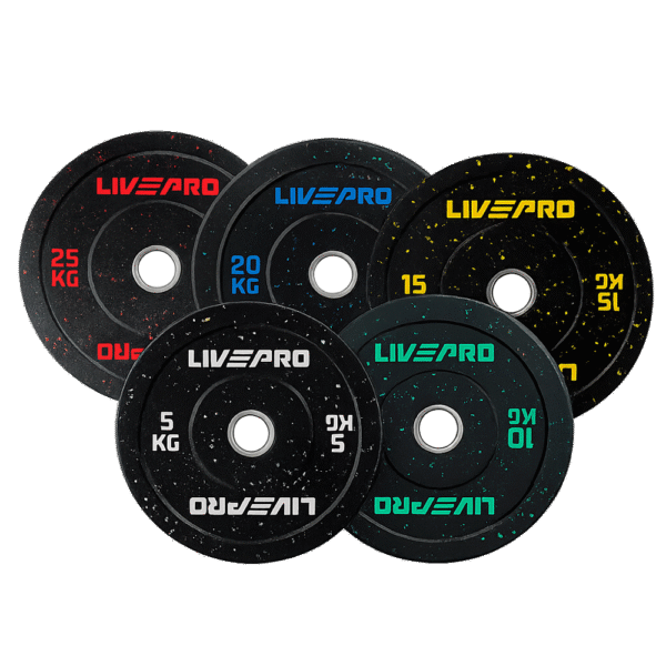 Disques bumper LP8026 LIVEPRO noirs haute élasticité – 5 à 25 kg – code couleur par poids