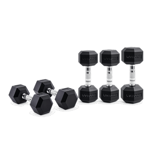 haltere-hexagonal Haltère hexagonal LIVEPRO avec revêtement caoutchouc – 2,5 à 50 kg – vendu par paire