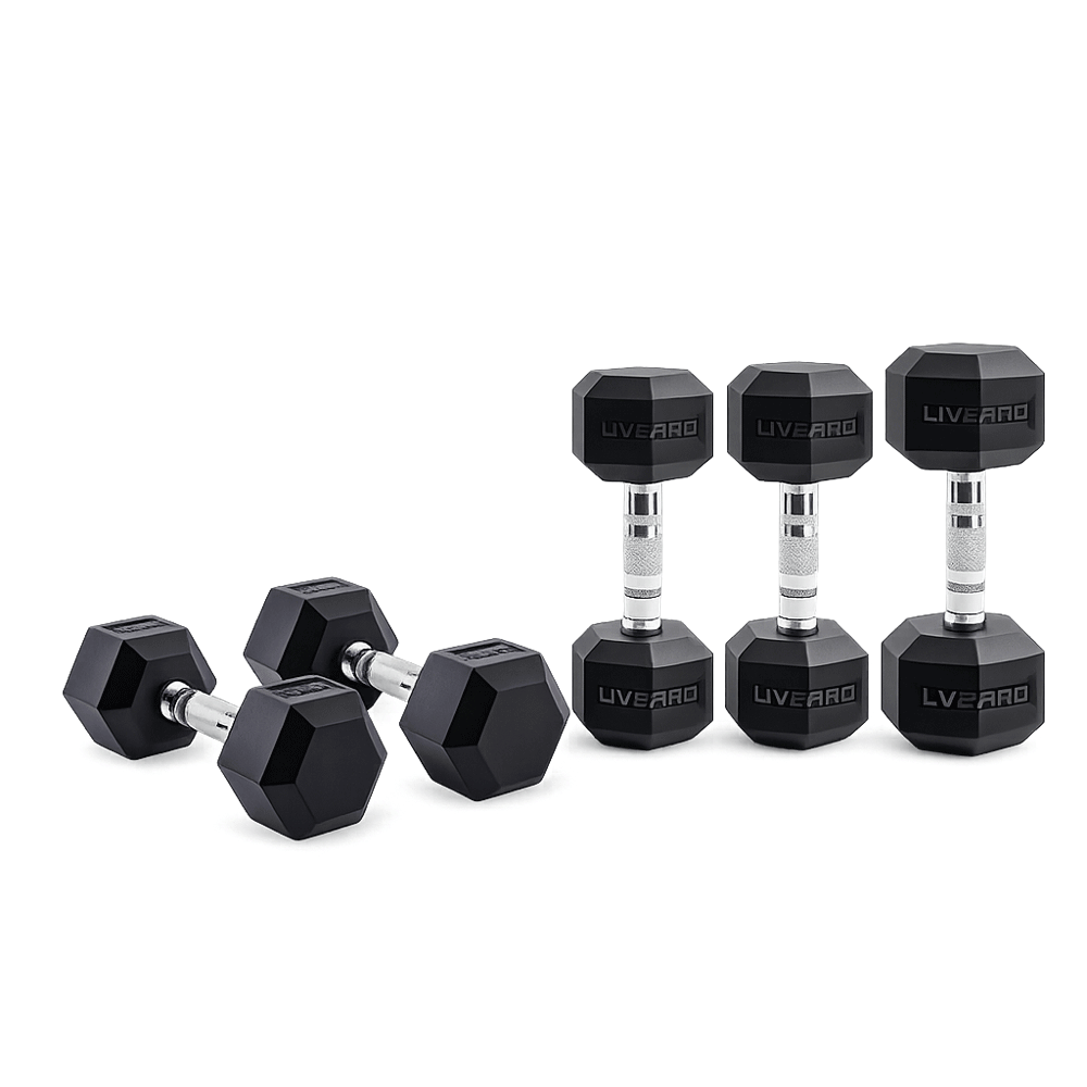 Halt&egrave;re hexagonal LIVEPRO avec rev&ecirc;tement caoutchouc &ndash; 2,5 &agrave; 50 kg &ndash; vendu par paire