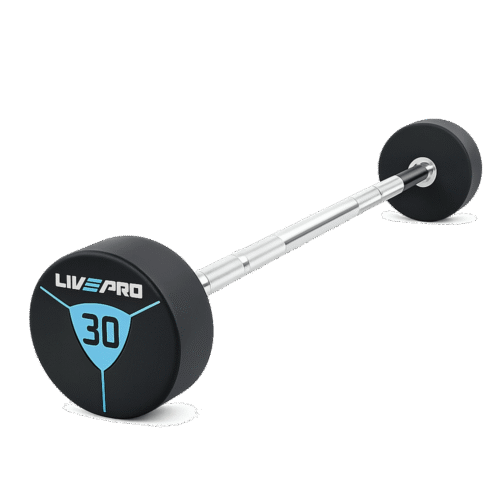 haltere-long-droit Haltère monobloc droit LIVEPRO – de 10 à 30 kg – barre chromée et têtes uréthane