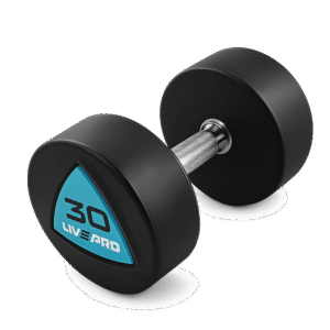 Haltères ronds LIVEPRO en uréthane – de 2 à 40 kg – poignées chromées