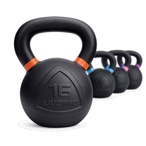 kettlebell-fonte Kettlebell en fonte LIVEPRO avec anneau coloré – 4 à 32 kg – base large stable