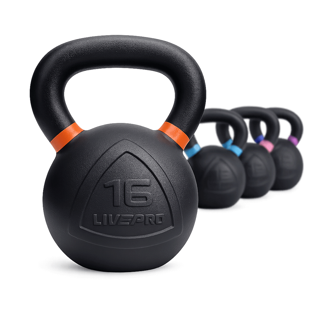 Kettlebell en fonte LIVEPRO avec anneau color&eacute; &ndash; 4 &agrave; 32 kg &ndash; base large stable