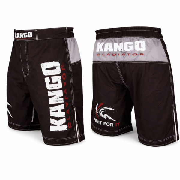 Short de combat MMA KANGO KMS-608 noir et gris avec impression Gladiator – textile professionnel pour arts martiaux