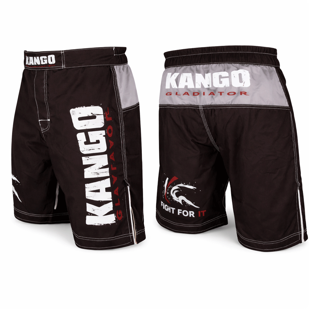 Short de combat MMA KANGO KMS-608 noir et gris avec impression Gladiator &ndash; textile professionnel pour arts martiaux
