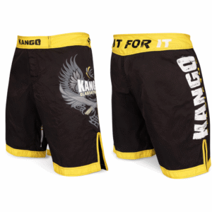 short-609 Short MMA KANGO noir et jaune modèle KMS-609 avec motif aigle et logo Fight For It – textile haute performance pour sports de combat