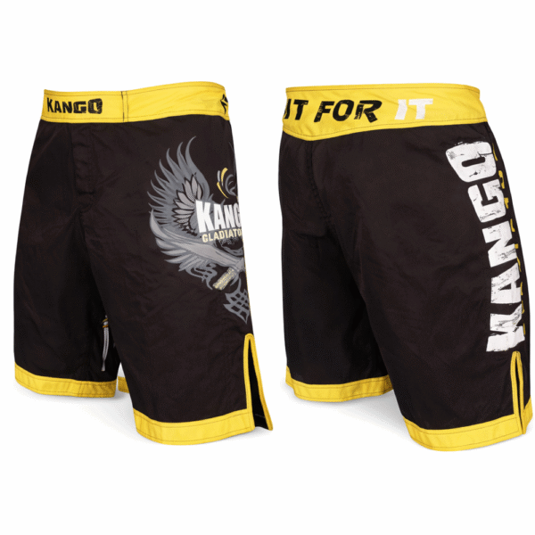 Short MMA KANGO noir et jaune modèle KMS-609 avec motif aigle et logo Fight For It – textile haute performance pour sports de combat