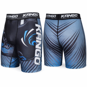short-622 Short compression KANGO RGK-622 bleu et gris pour MMA, grappling et jiu-jitsu – tissu lycra/polyester sublimé, tailles S à L.