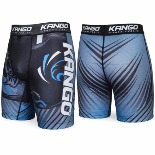 Short compression KANGO RGK-622 bleu et gris pour MMA, grappling et jiu-jitsu – tissu lycra/polyester sublimé, tailles S à L.