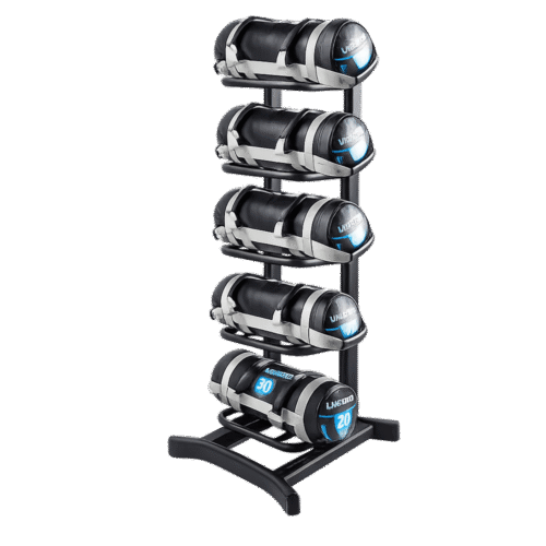 support-sac-leste Support LP8802 LivePro pour sacs lestés – rangement vertical 5 emplacements en acier pour sac de puissance en salle de sport